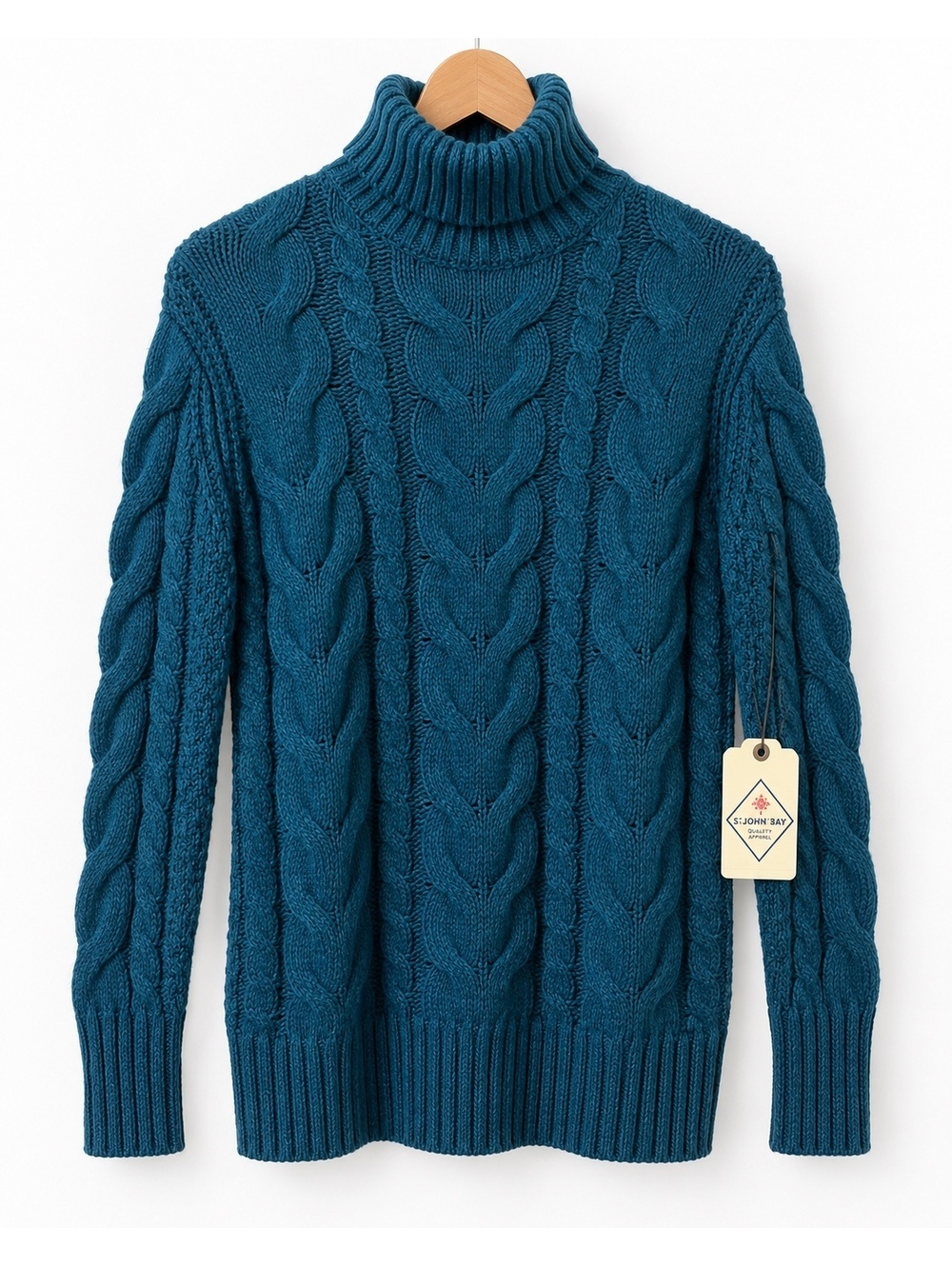 St. John's Bay Women's Cable Knit Turtleneck Sweater XS Teal Blue